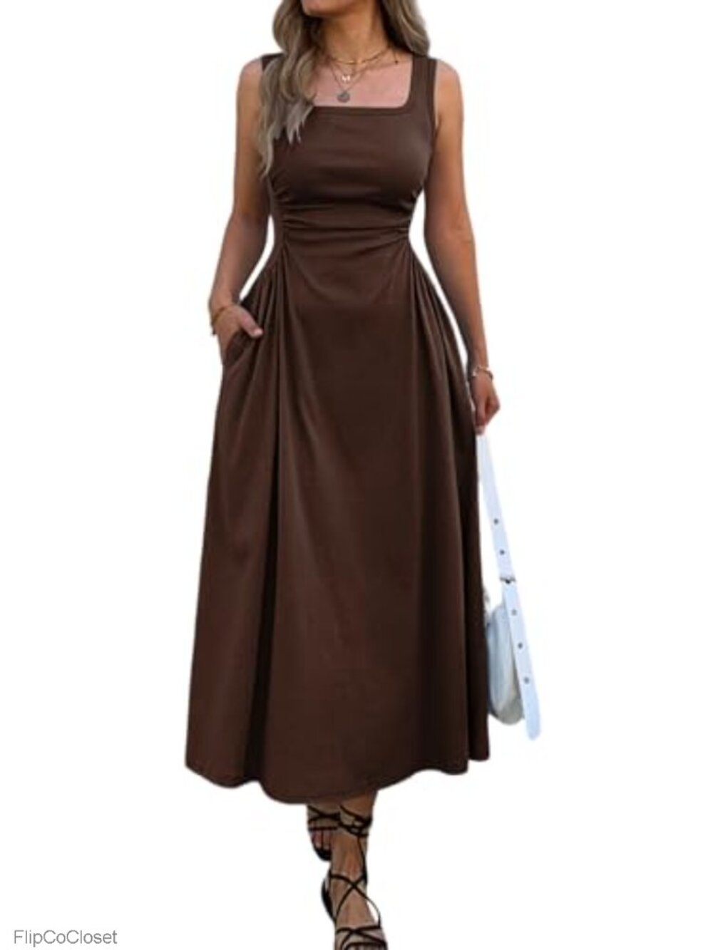Sleeveless Square Neck Ruched Waist Maxi Dress with Pockets